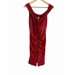 Vintage Women's Burgundy Ruched Body on Midi Dress Sleeveless V-Neck Flounce Hem
